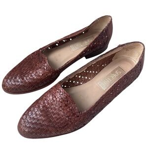 Brown Woven Leather Loafers Sz 8 Almond Toe Flats